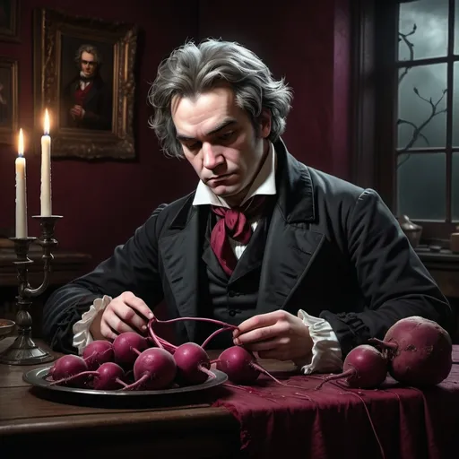 Prompt: (ultra-detailed) Beethoven eating beets, dark theme, moody atmosphere, dramatic shadows, expression of contemplation, vintage-style, muted colors, rich deep reds of beets contrasting with his attire, background featuring an ambient, candle-lit room, ethereal lighting, creates an air of mystery. A gothic vibe reminiscent of classical music's intensity. 