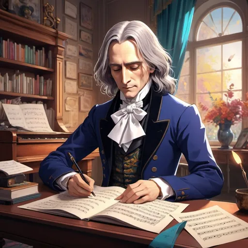 Prompt: (anime style), (Franz Liszt) writing a list, vibrant colors, expressive character design, intricate details in the clothing, dynamic background with musical notes swirling around, whimsical ambiance, strong emotional expression reflecting creativity, high-quality rendering, ultra-detailed, immersive environment.