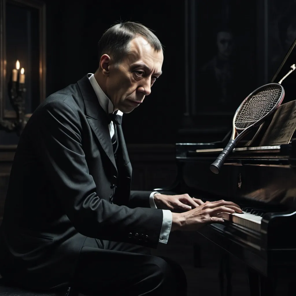 Prompt: (Sergei Rachmaninov), holding a tennis racket, sitting at a piano, (misc-macabre style), dark color scheme, eerie ambiance, dramatic shadows, blurred background to evoke mystery, contrasting highlights, moody atmosphere, intricately detailed piano, haunting elegance, captivating expression, ultra-detailed, high quality, cinematic depth.