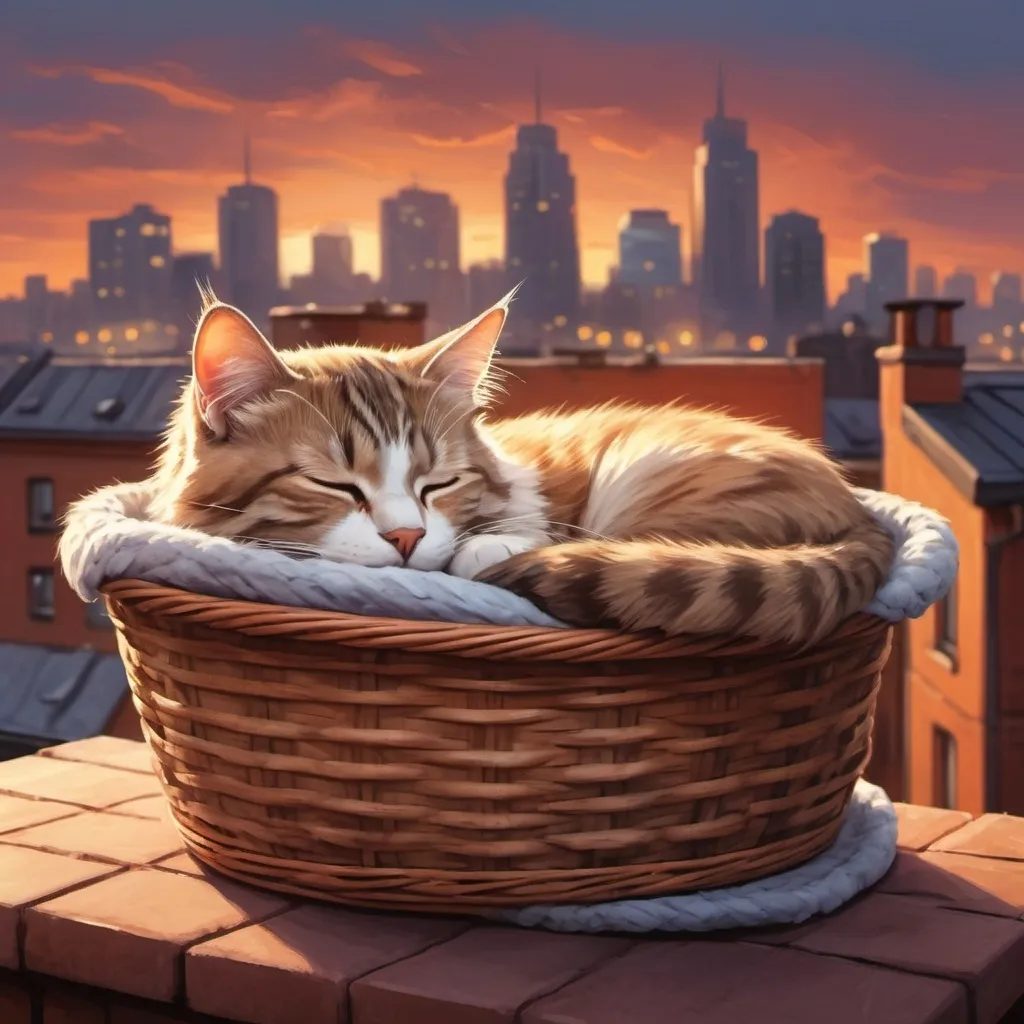 Prompt: Sleeping cat in a cozy basket on a rooftop, warm and cozy, digital painting, city skyline in the background, detailed fur with soft highlights, peaceful and serene, rooftop scene, high quality, digital painting, warm tones, cozy lighting