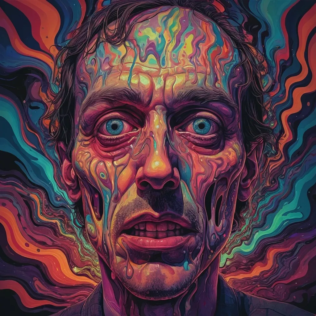 Prompt: Psychedelic horror illustration of a man, distorted facial features, melting surroundings, surreal colors and patterns, nightmarish atmosphere, high quality, surrealism, horror, distorted face, psychedelic, intense colors, nightmarish, surreal setting, freaky, detailed, chaotic lighting