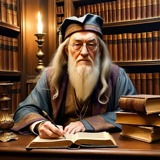 Prompt: Dumbledore sitting at a desk in the library, front ,full,view, oil painting, vintage, magical atmosphere, detailed facial features, aged wood textures, warm lighting, high quality, classic art style, wise expression, mystical aura, ancient books, antique decor, rich color tones