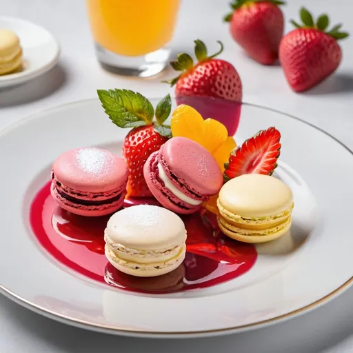 Prompt: plated french macaroons dessert with fruit filling, with vanilla sorbet on plate and strawberry syrup