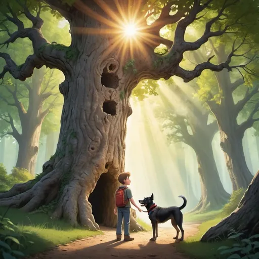 Prompt: Adventures of Timo and his Smart Dog Bobbie
 Timo and Bobbie standing together in front of an old, impressive oak tree in the middle of a forest.  Behind them stretches a path that leads to a mysterious cave opening.  The sun shines through the branches of the tree, giving the scene a warm, adventurous atmosphere