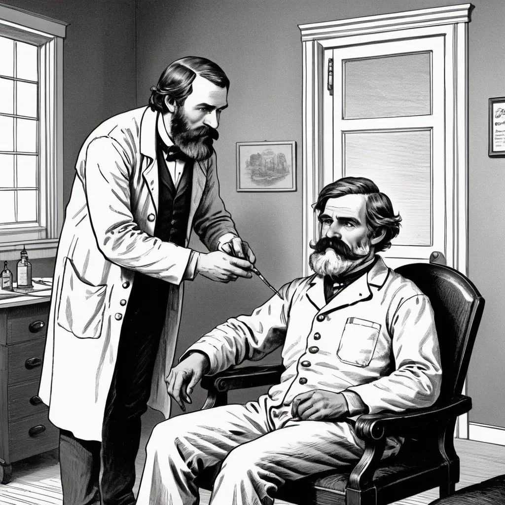 Prompt: Pen and ink illustration style, early 1800s era middle aged, bearded, doctor examining a young adult male patient with a mustache in the doctor's office using the medical tools of that time, 16 x 9 aspect ratio