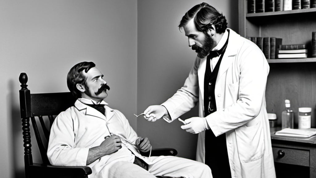 Prompt: 1820s era, middle aged, doctor with a beard, treating a younger man with a mustache only, for a broken arm, with a splint, the patient is not wearing a lab or over coat, in the doctor's office, lithograph style, gray scale image