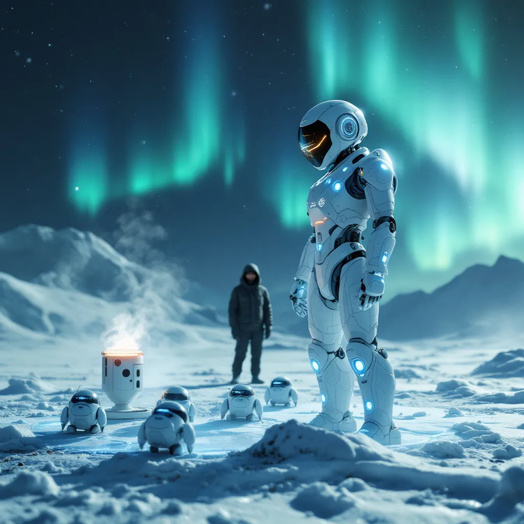 Prompt: Create a detailed, realistic sci-fi scene of a cold test in an Arctic environment, simulating Mars' harsh conditions. The main subject is Grok Musk, a white humanoid robot with glowing blue lights on its body, standing in the center of the scene. Grok Musk is testing its heating system and coordinating a swarm of small robots that are melting ice to collect water. The small robots are futuristic, with sleek designs, and are positioned around Grok Musk, actively melting the ice beneath them. Next to Grok Musk is a small, high-tech heater emitting a faint glow, with subtle steam rising from it due to the extreme cold (around -40°C). In the background, there is a snowy Arctic landscape with snow-covered ground and a dark, starry sky filled with realistic green-blue auroras (Northern Lights). The auroras reflect faintly on Grok Musk's visor, creating a subtle shimmer effect, and also cast a soft green-blue glow on the snow, enhancing the realism. A human observer stands in the background, wearing a thick winter jacket with the word 'Space' and a stylized red 'X' on it, holding a tablet to monitor the test. The scene should include realistic visual effects: faint steam from the heater, small water droplets around the melting ice reflecting the aurora's light, and a soft glow on the snow from the auroras. The overall atmosphere is professional and technological, with a focus on realism and futuristic elements that are theoretically possible, such as the aurora reflections and steam in the cold environment. The lighting is dim, with the auroras and the robot's blue lights providing the primary illumination, creating a cold but awe-inspiring mood.

