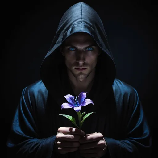 Prompt: A mysterious purple-eyed handsome  man who is in the darkness and shadow.  He is wearing a black hooded robe.  The robe hood and shadow obscure the upper half of his face and one cannot see the man's eyes.  It is unclear who he is. 
 The man's head is tilted slightly downward.  The man is holding a blue gentian flower as his offering to us. 
 Shadows from his hood fall onto the man's eyes.