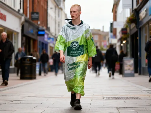 Prompt: Josh is a young homeless man, he is 18, shaved fair hair, facial warts. 

He wears polythene compost bags

Full length view including his feet 

He is walking through the high st