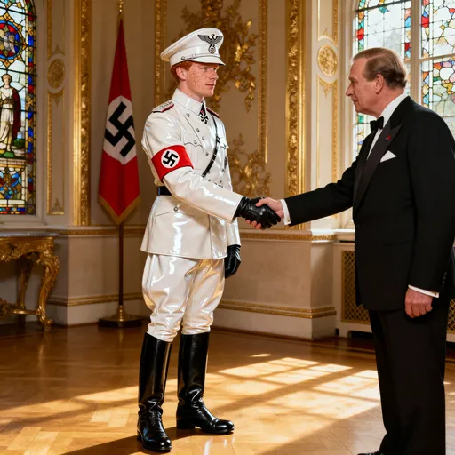 Prompt: A ginger officer in a German Field Marshals uniform with lots of medals is shaking hands with the king at Buckingham Palace.Uniform is white leather, very shiny. Tall riding black
 boots, White leather wide breeches also shiny leather. Red armbands with logo on left arm. White leather german kepi with logo on front. Black leather gloves. 
The  officer has freckles 
The  officer has very short hair
A ww2 era German flag is on the wall