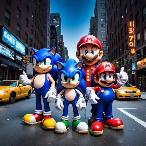 Prompt: Issabdd8 as a night of light with sonic Mario luigi with shadow-sonic and mister beast in newyork city with Kai cenat and drake