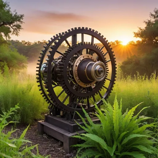 Prompt: perpetual motion engine in vegetation early during sunrise
