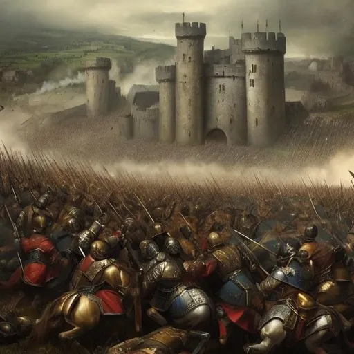 Prompt: The battle of  4 massive armies. This should be on a battlefield with castles and villages in the background. This should be on an open field, a depressing tone. This should be an art piece
