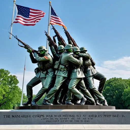 Prompt: The Marine Corps war Memorial in Washington DC, except the soldiers holding up the American flag are Pepe the frog meme