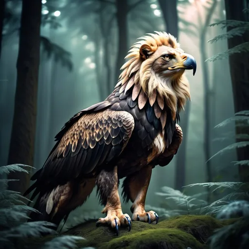 Prompt: Eagle-lion hybrid in a mystical forest, animal hybrid of an eagle and a lion, mix of lion and eagle, high quality, atmospheric lighting