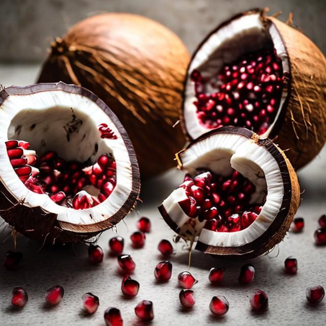 Prompt: A coconut being defeated by the infestation of pomegranate seeds.  The pomegranate seeds are acidic