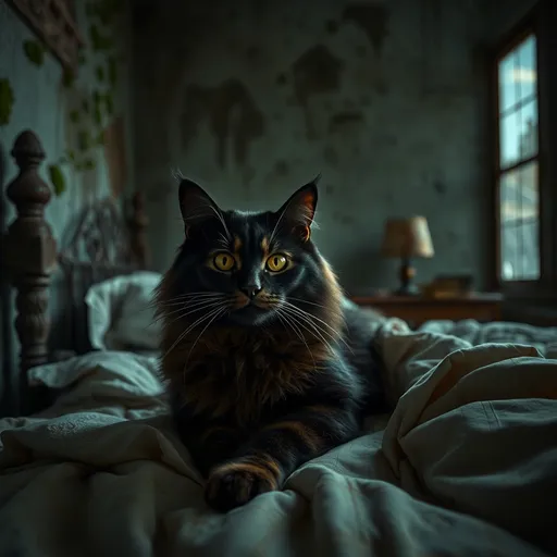 Prompt: Hyper-realistic, abandonded bedroom, main coon cat in bed,high quality, hyper-realism,dark tones, moody lighting, detailed facial features, intricate lace patterns, abandoned building, urban decay, high-res, detailed, hyper-realism, dark tones, moody lighting, lost place setting, ultra-detailed, 8k, 
moss on the walls