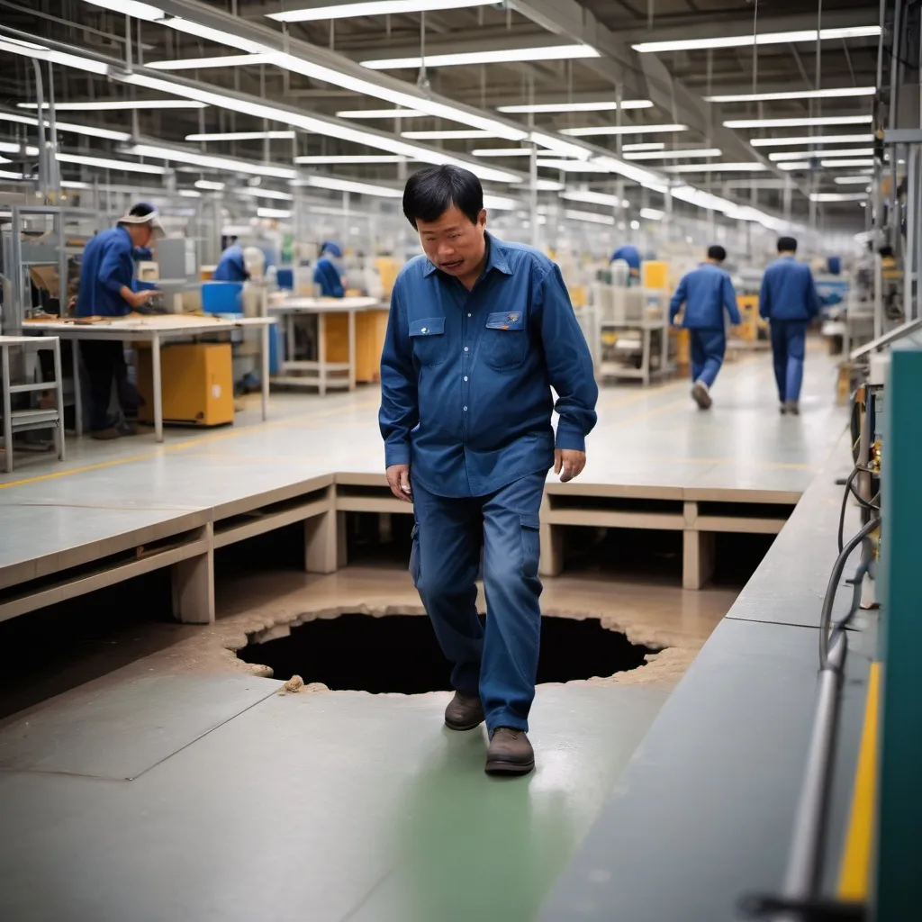 Prompt: A MAN IS TALKING ON THE HANDPHONE WHEN WALKING ABOUT 10 MINUTES IN THE PRODUCTION FLOOR. HE DIDN'T NOTICE THE HOLE IN THE PRODUCTION FLOOR. THEREFORE, HE TRIPS AND FALLS INTO THE HOLE
.