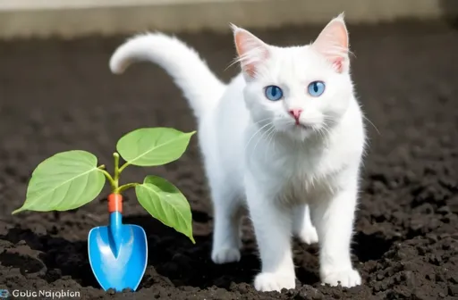 Prompt: White cat shaped like a plant carrying a shovel and digging with , blue eyes