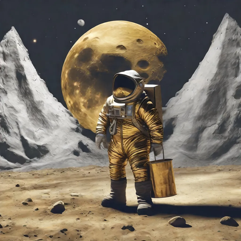 Prompt: create large photo of a fun gold miner on the moon with a rocket