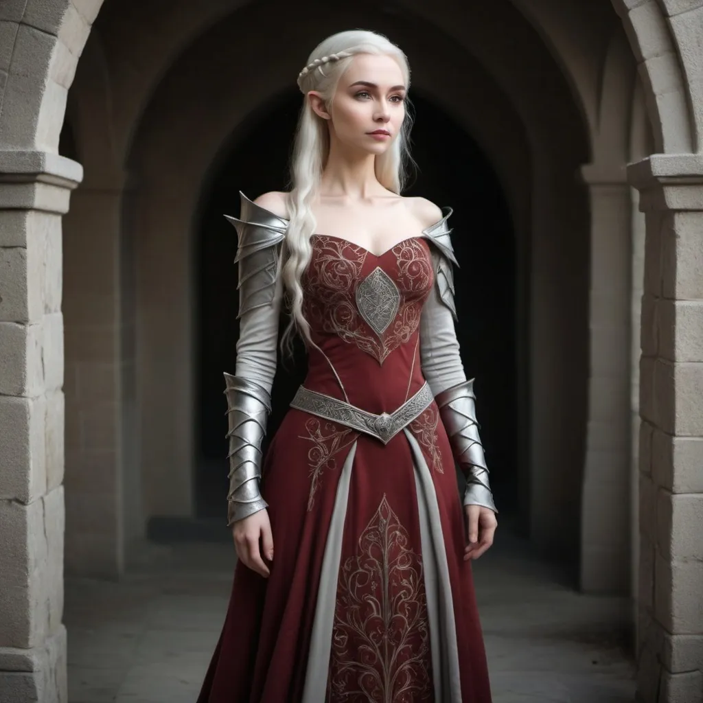 Prompt: A medieval fantasy dress on an adult woman, full body shot, slender and elegant, elven inspired, game of thrones, targaryen house, no shoulder armor