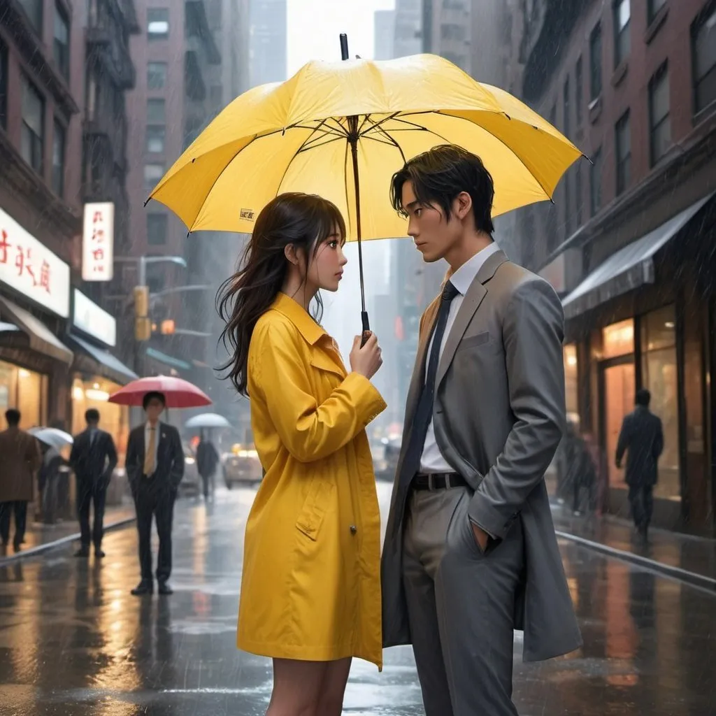 Prompt: Set the scene in a serendipitous encounter amidst the rain-soaked streets of New York City, reminiscent of a captivating anime romance. Envision a female Korean protagonist, her heart aflutter, adorned in a long, muted yellow raincoat that billows in the wind as she clutches a matching umbrella, her gaze meeting that of a tall male Korean figure. He stands before her, his grey business suit accentuating his striking presence, as if time has momentarily stopped in the midst of the bustling city chaos. Capture the electric spark of connection between them, with anime-style expressions conveying the intensity of their fateful love at first sight. Infuse the artwork with a sense of magic and destiny, as the rain cascades around them, symbolizing the beginning of a profound and unforgettable journey together.