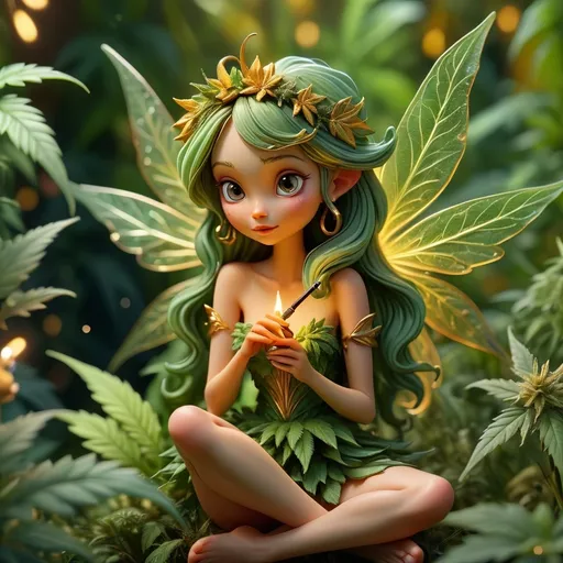 Prompt: Realistic tiny fairy, taking a break, miniature joint or pipe in hand, surrounded by oversized, lush cannabis plants radiating deep greens and vibrant golds, sparkling magical elements swirling around, dreamy ambiance, warm glimmering light filtering through leaves, enchanting ethereal atmosphere, detailed textures, intricate natural elements, ultra-detailed, 4K resolution.