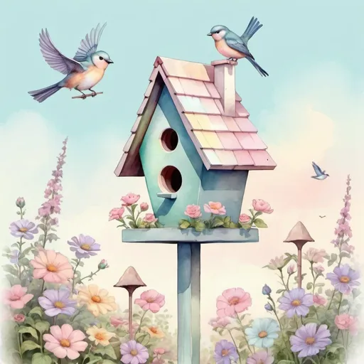 Prompt: A pastel birdhouse in a storybook  cottage style.  located in a flower garden, on top of a post,   cute little birds birds are nearby. The sky is pretty pastel colors.   detailed digital art.  pastel tones.  Watercolor.