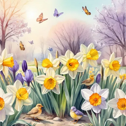 Prompt: Daffodils and crocuses in a sunny and serene pastel spring garden. Butterflies and adorable little birds. . calm pastel tones. detailed digital art. watercolor.