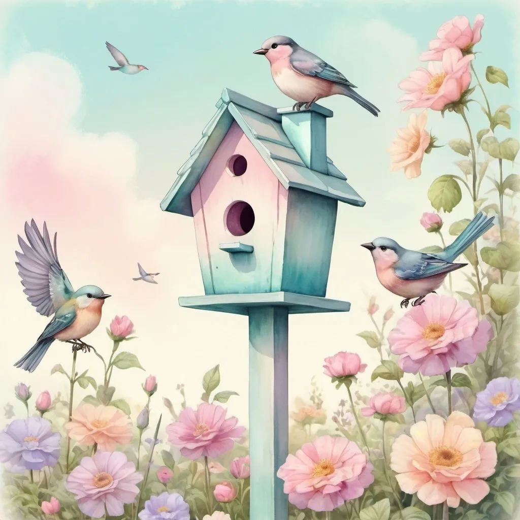 Prompt: A pastel birdhouse in a storybook  cottage style.  located in a flower garden, on top of a post,   cute little birds birds are nearby. The sky is pretty pastel colors.   detailed digital art.  pastel tones.  Watercolor.