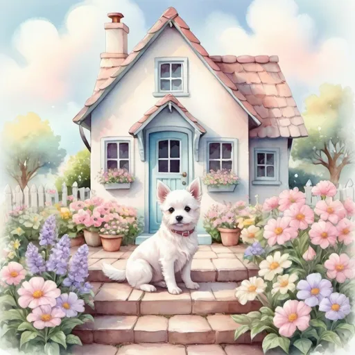 Prompt: Pastel watercolor illustration of a charming storybook cottage , lovely flower garden, cute little birds, adorable little white puppy with upright ears sitting on the step. pretty pastel sky, detailed digital art, watercolor style, pastel tones, charming setting, adorable birds, cottage garden, serene atmosphere, whimsical, high quality, detailed painting, soft pastel colors, tranquil scene