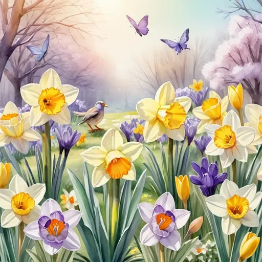 Prompt: Daffodils and crocuses in a sunny and serene pastel spring garden. Butterflies and adorable little birds. . calm pastel tones. detailed digital art. watercolor.