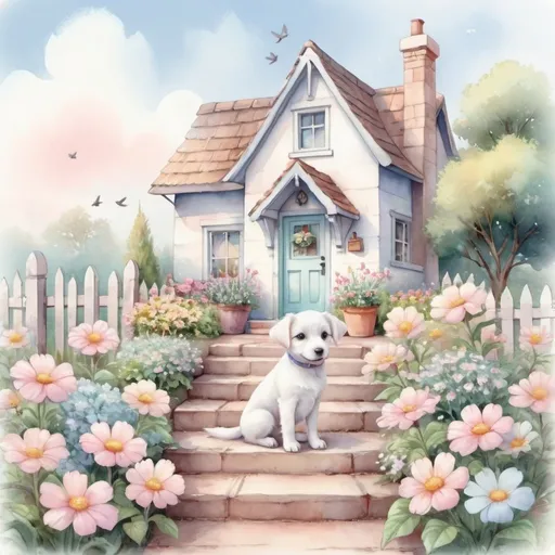 Prompt: Pastel watercolor illustration of a charming storybook cottage , lovely flower garden, cute little birds, adorable little white puppy with upright ears sitting on the step. pretty pastel sky, detailed digital art, watercolor style, pastel tones, charming setting, adorable birds, cottage garden, serene atmosphere, whimsical, high quality, detailed painting, soft pastel colors, tranquil scene