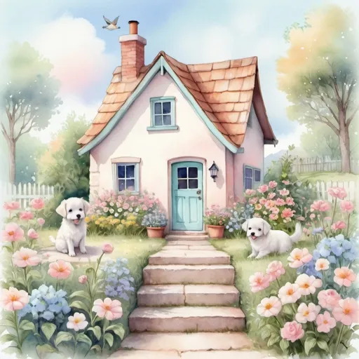 Prompt: Pastel watercolor illustration of a charming storybook cottage , lovely flower garden, cute little birds, adorable white puppy sitting on the step. pretty pastel sky, detailed digital art, watercolor style, pastel tones, charming setting, adorable birds, cottage garden, serene atmosphere, whimsical, high quality, detailed painting, soft pastel colors, tranquil scene