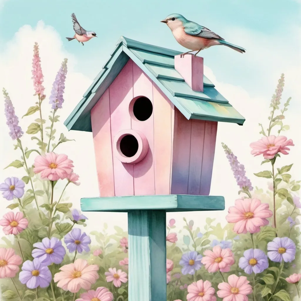 Prompt: A pastel birdhouse in a storybook  cottage style, on top of a post.  The post is in a lovely flower garden.   cute adorable   birds are nearby. The sky is pretty pastel colors.   detailed digital art.  pastel tones.  Watercolor.