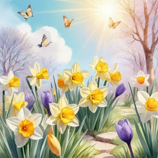 Prompt: Daffodils and crocuses in a sunny and serene pastel spring garden. Butterflies and adorable little birds. . Sun rays in sky.  calm pastel tones. detailed digital art. watercolor.