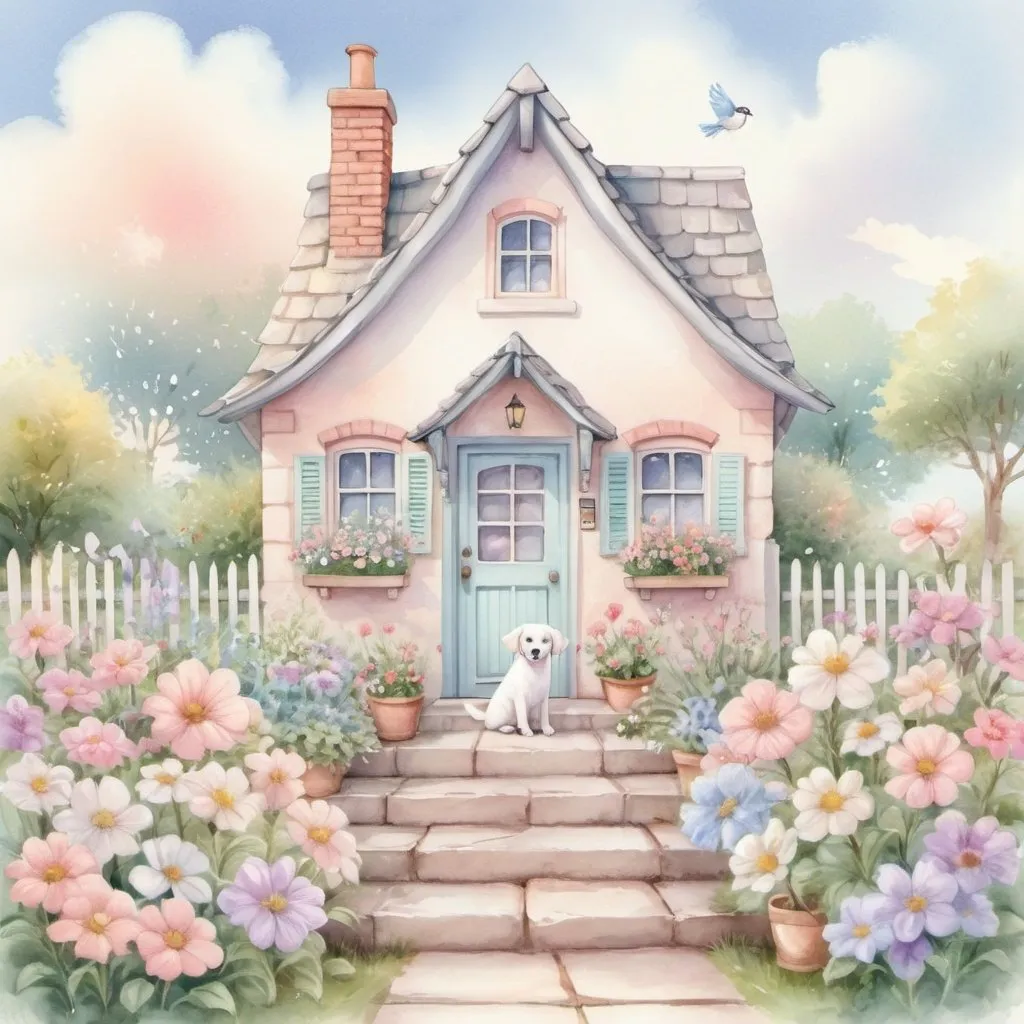 Prompt: Pastel watercolor illustration of a charming storybook cottage , lovely flower garden, cute little birds, adorable white puppy sitting on the step. pretty pastel sky, detailed digital art, watercolor style, pastel tones, charming setting, adorable birds, cottage garden, serene atmosphere, whimsical, high quality, detailed painting, soft pastel colors, tranquil scene