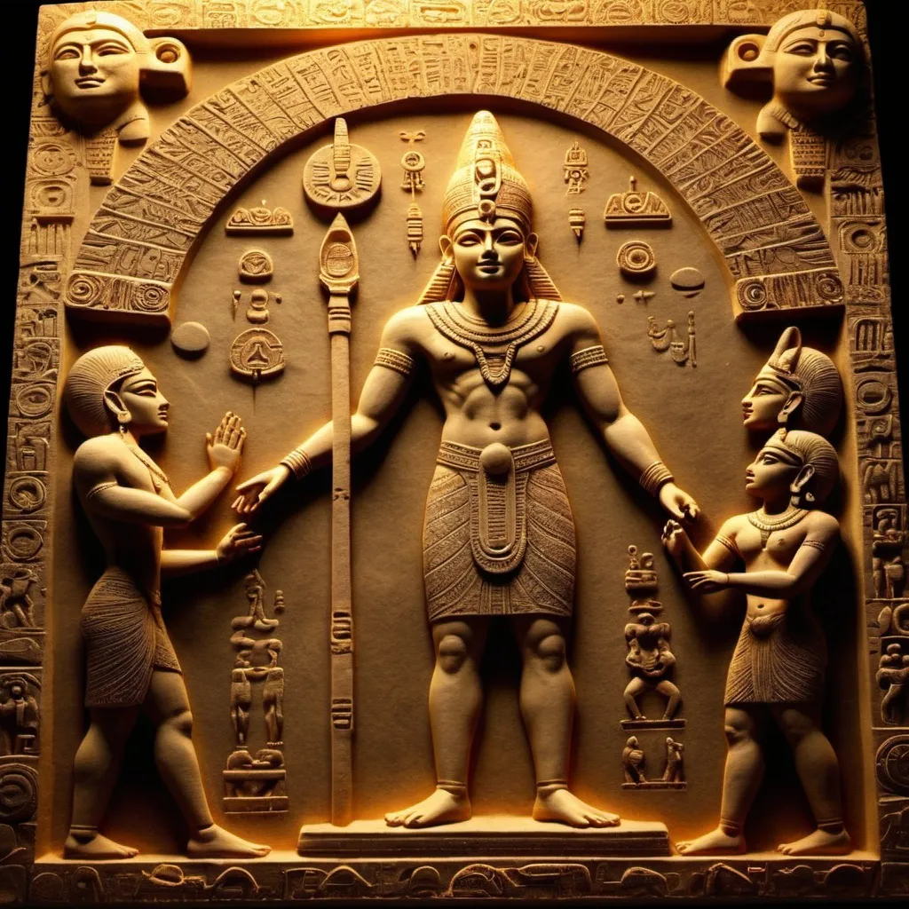 Prompt: Anunnaki god Anu creating humanity, ancient tablet carving, divine golden light, mystical atmosphere, intricate details, otherworldly beings, ancient mythological scene, high quality, ancient, divine, mystical, detailed carving, celestial beings, golden tones, atmospheric lighting