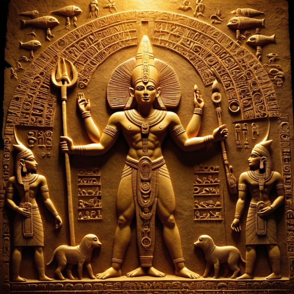 Prompt: Anunnaki god Anu creating humanity, ancient tablet carving, divine golden light, mystical atmosphere, intricate details, otherworldly beings, ancient mythological scene, high quality, ancient, divine, mystical, detailed carving, celestial beings, golden tones, atmospheric lighting