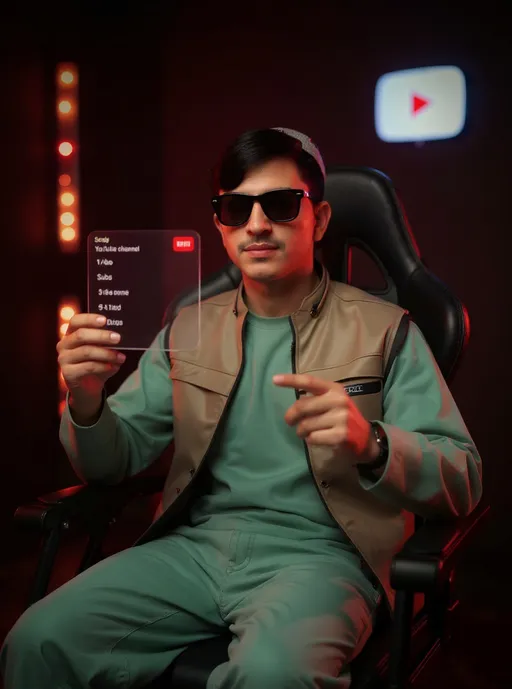 Prompt: Make a cinematic, ultra-realistic image of me sitting confidently in a YouTube creator studio. I’m wearing black sunglasses and sitting in a stylish black gaming chair. In my right hand, I’m holding a transparent glass-like card showing my YouTube channel stats (name, subs). In my left hand, I’m pointing at the card proudly. Behind me, there’s a YouTube Silver Play Button on the wall and glowing red LED lights. The room has dramatic lighting, a modern YouTube vibe, and a professional studio look."
❤
8