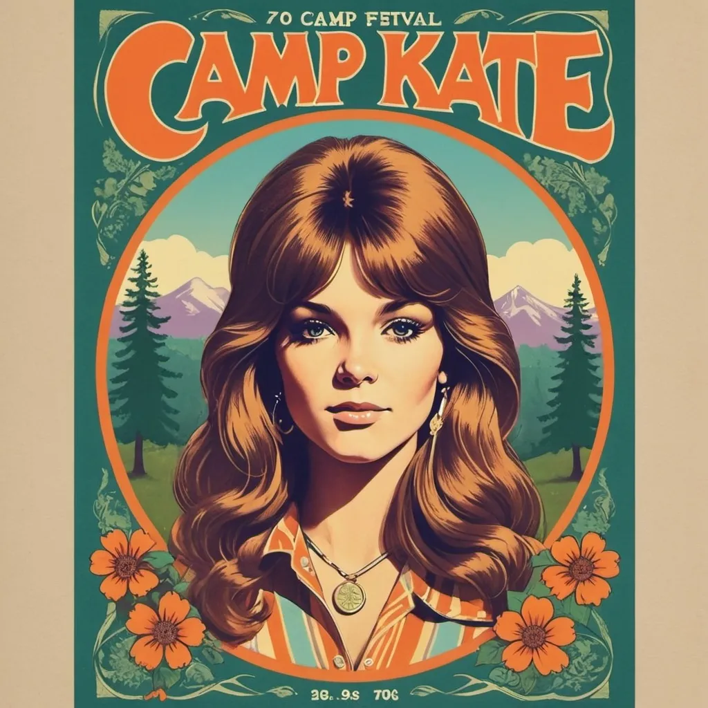 Prompt: 70s music festival style poster for “camp Kate”