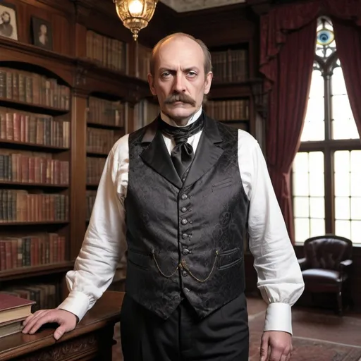 Prompt: 1885, tall, balding, male, 50 years old, Victorian Gothic style, fancy waistcoat, evil eye, mansion, library room, fireplace, walking stick,