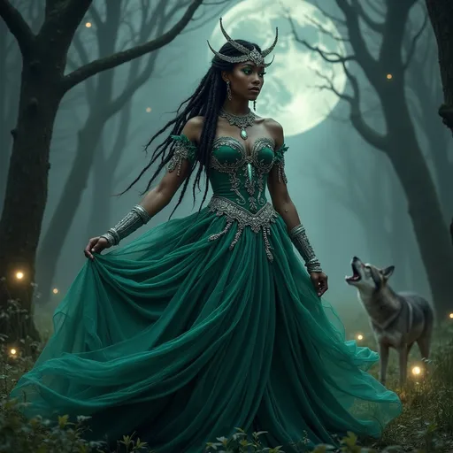Prompt: Artemis, Greek goddess of the moon and the hunt, portrayed as a powerful woman of color standing in a moonlit forest clearing. She wears a deep emerald and silver ball gown with flowing layers that mimic the texture of leaves and mist, adorned with subtle crescent moon embroidery and silver vine patterns. Her skin glows under the moonlight, with silver armbands, a crescent-shaped diadem, and braids woven with feathers and moonstones. Her eyes are sharp and serene, full of quiet strength. The background includes ancient trees, glowing orbs of light, and distant howling wolves. Her presence is wild, divine, and untamed. Style: fantasy realism, cinematic light, high detail, moody atmosphere, ethereal elegance.