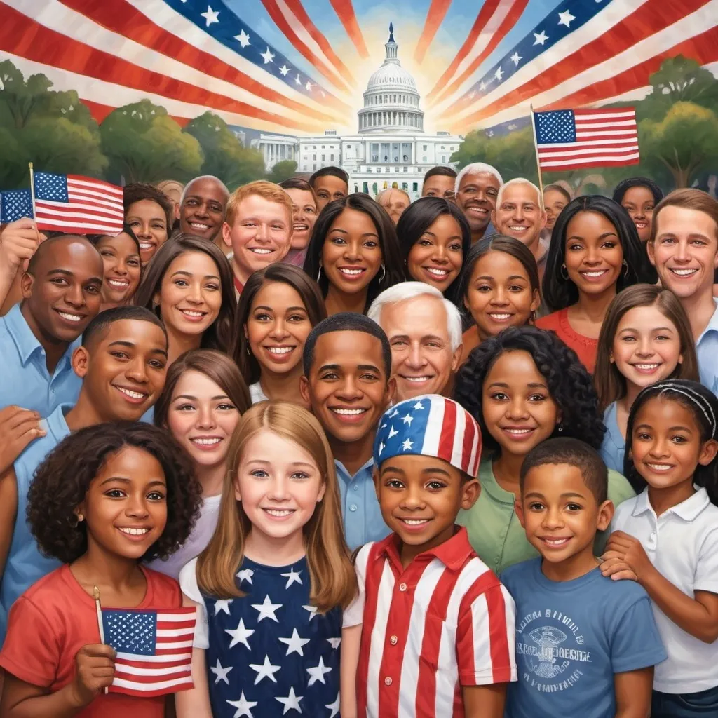 Prompt: Diverse group of Americans with a caption "One Nation, Under God, Indivisible".  And make the caption perfectly as it is spelled in the quotation marks "ONE NATION, UNDER GOD, INDIVISIBLE"
