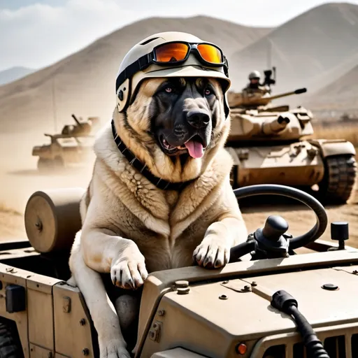 Prompt: A kangal  in body builder like body, wearing helmet and sun glass, driving a tank with smooky dark fielre in background