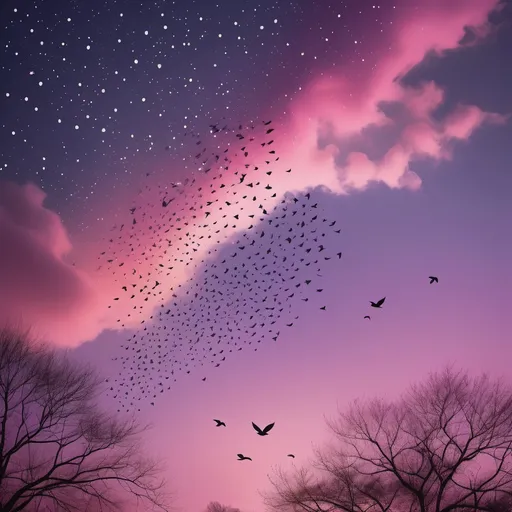 Prompt: Dusky sky with a background color of pink & purple and the birds are flying through the sky with a twinkling stars
