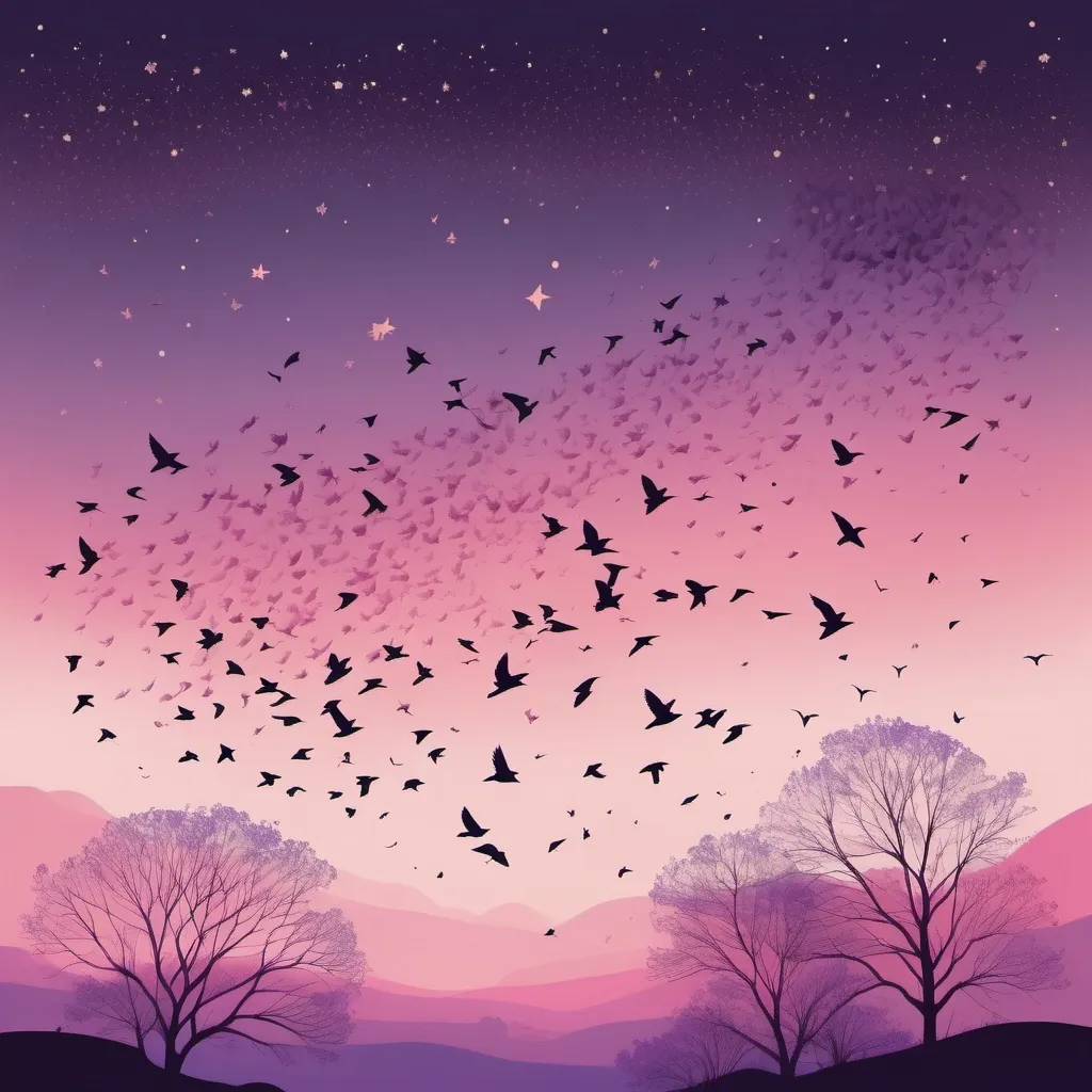Prompt: Dusky sky with a background color of pink & purple and the birds are flying through the sky with a twinkling stars