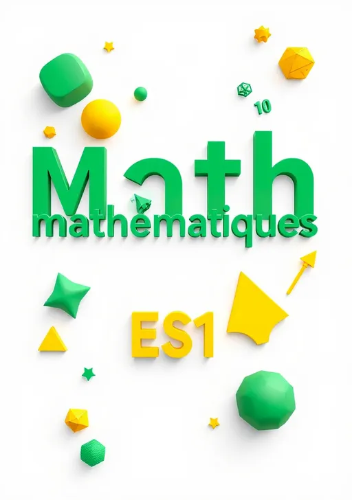 Prompt: Cover math with the word "mathématiques" in french and the word "ES1", 3d math shapes, classic and royal, green and yellow, for high school classes , with graphics and numbers and probability, White background , creative.