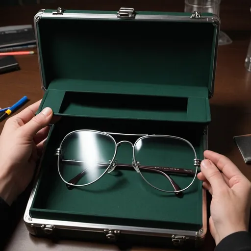 Prompt: Draw glasses inside an atache case that feels like it's going to be in the movie Matrix