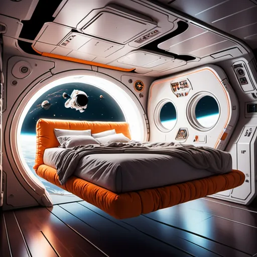 Prompt: a warm, cozy bed floating in space